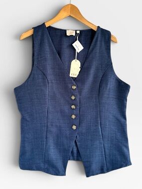 Sleeveless V-Neck Button Front Navy Vest Top